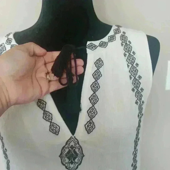 LOFT Women’s Black & White Embroidered Gauzy Boho Sleeveless Tunic Dress S - Picture 5 of 14
